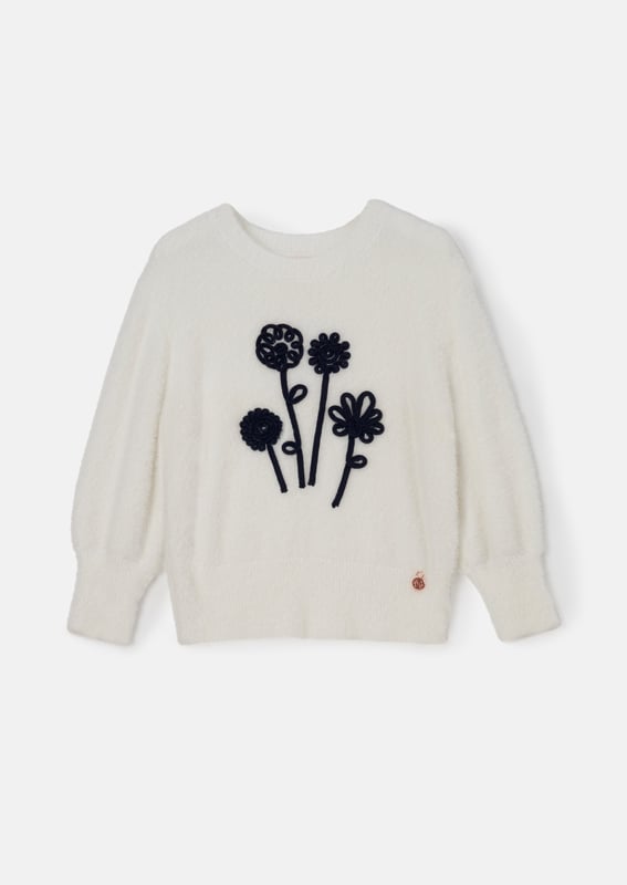This jumper is like a giant stylish hug! Made from the softest fluffy yarn and adorned with a stylish cornelli bouquet it is the most perfect Spring knit.. About Me: 96% Nylon 4% Cotton Look After Me: Think Planet. Wash At 30C.