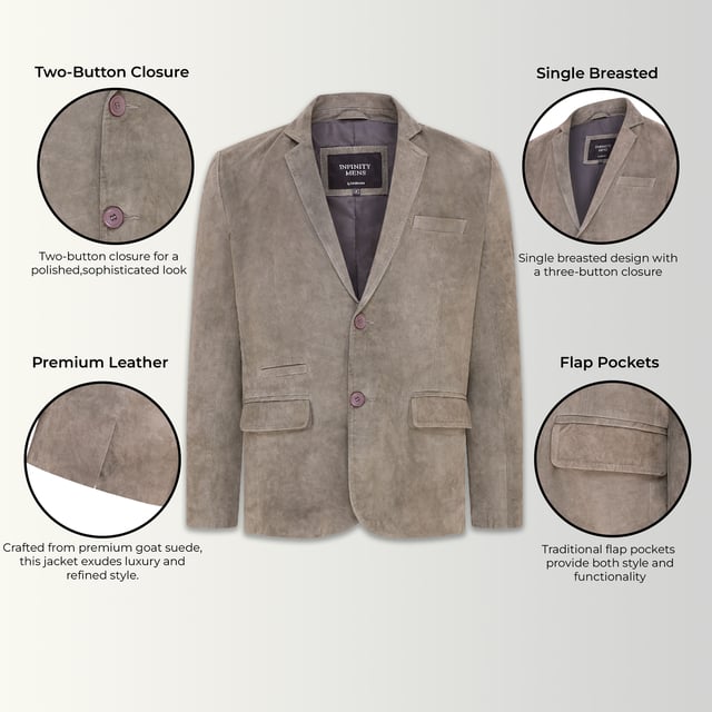 Introductie van het toonbeeld van tijdloze verfijning, de Goat Suede Leather Blazer Jacket. Gemaakt van premium geitensuède, straalt deze jas luxe en verfijnde stijl uit. Met knopen op de manchet, een ticketzak en een borstzak, combineert het naadloos elegantie en functionaliteit. Verkrijgbaar in vijf betoverende kleuren, biedt het veelzijdigheid om aan ieders smaak te voldoen. De jas heeft een enkele ventilatieopening, wat het ademend vermogen en bewegingsgemak verbetert. De deskundige afwerking zorgt voor een strak en op maat gemaakt silhouet, waardoor het geschikt is voor zowel formele gelegenheden als stijlvolle uitjes. Til uw garderobe naar een hoger niveau met deze onberispelijk ontworpen blazerjas, waar comfort, stijl en vakmanschap samenkomen. Ontwerpkenmerken: • Premium geitensuède constructie • Knopen op de manchet voor extra elegantie • Handig ticketzak en klassieke borstzak • Verkrijgbaar in vijf betoverende kleuren • Enkele ventilatieopening voor ademend vermogen en bewegingsgemak