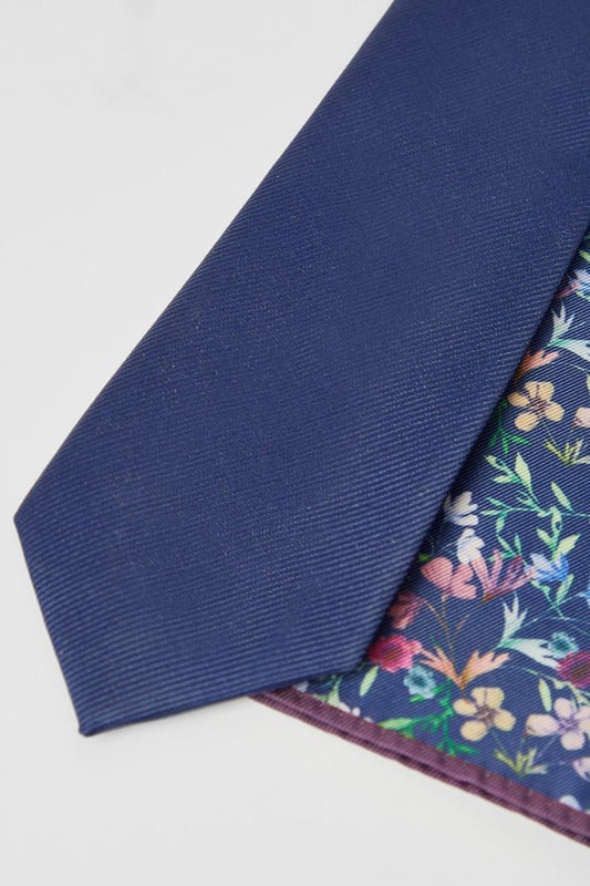 Autumn Navy Tie And Floral Pocket Square