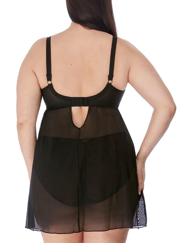 Elomi Sachi Underwired Babydoll in Black. With three section cups, side panels and stretch mesh front. Product is hand-wash only.