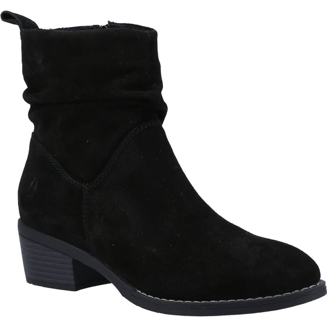 Hush Puppies Iris Suede Women's Black Boots The Iris boot is a super stylish choice for colder days, with it's ruched detailing and classic shape, as well as our WorryFree water resistant upper and soft fleece lining you can look your best whilst staying comfy and warm