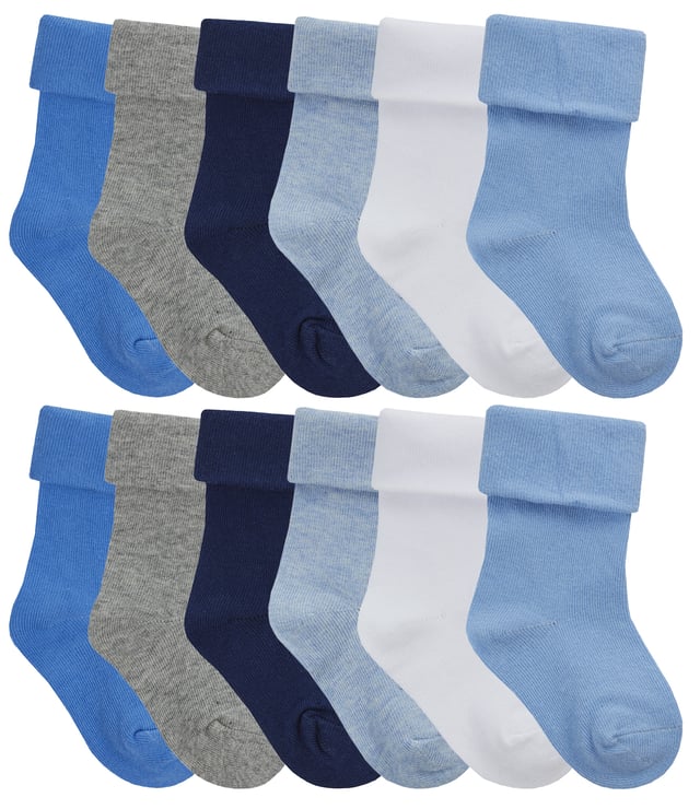Are you tired of always having to worry about your baby's feet getting cold? With the Tick Tock Baby Turnover Socks, you can be sure that your little one will be comfortable and cosy all day long.These socks keep your child feeling fresh and comfortable throughout the day. You don't have to worry about fading, whether they're worn inside or outside. Made from 78% Cotton this fabric is durable, soft and moisture-wicking. It will also withstand repeat washing without shrinking or colour running.These socks are made with a stretchy turnover top band and a small percentage of elastane for a comfortable, secure fit. These socks make a fantastic gift idea for your son, brother, nephew, friend or anyone you love.They are fashionable and comfortable, making them perfect for a birthday, baby shower or Christmas. These plain baby socks are available in three colours: light blue, white and blue assorted, the fun colours are sure to please your little one. These socks are available in 3 colours and made from 78% Cotton, 20% Polyester, 2% Elastane. They come in 3 Baby Sizes: 0-0 Newborn, 0-2.5 Months and 2.5-3.5 Months. They are Machine Washable.