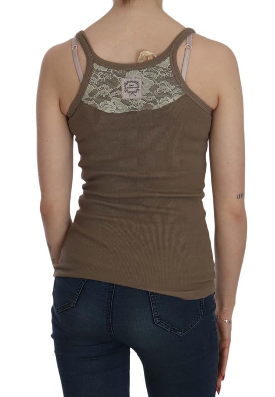 Brand: PINK MEMORIES
  Color: Brown
  Style: Round Neck Sleeveless Spaghetti Strap Top Blouse
  Material: 100% Cotton
  Logo details
  Gender: Women