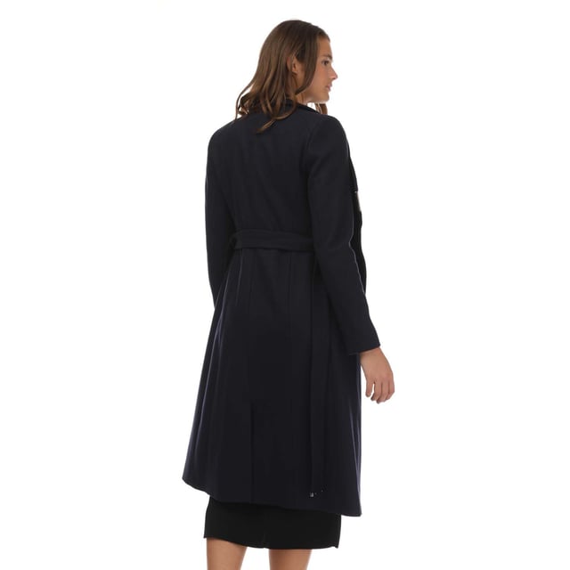 Womens Ted Baker Rose Wool Wrap Coat in Navy- In any weather  the ROSE coat will level up your wardrobe. Made from wool  it's cut in Ted Baker's signature wrap style  and completed with elevated details such as the high neck collar and metallic tipping on the belt.- Wool coat- Wrap front- Magnetic collar- Long sleeves- Midi length- Belted- Button fastening- Shell: 77% Wool  18% Polyamide  5% Cashmere.  Body Lining: 50% Viscose  50% Acetate.  Sleeve lining: 100% Polyester.  Do not wash; may be dry cleaned.- Ref: 249306NAVY
