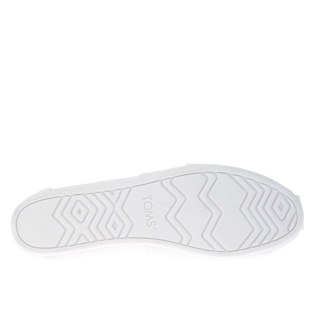 Womens Toms Recycled Cotton Canvas Alpargata Espadrille Pumps in white.- Recycled cotton upper  lining and sock-liner made with 50% recycled cotton.- Classic Alpargata design.- Toe-stitch and elastic V for easy on and off.- Chevron patterned canvas lining.- Custom insoles made with 50% eco content including recycled PU foam.- Direct injection outsole for flexibility and durability with tread pattern for improved traction.- Toms branding to side and back of heel.- 100% vegan construction.- Textile upper  Textile lining  Synthetic and textile sole.- Ref:10017739
