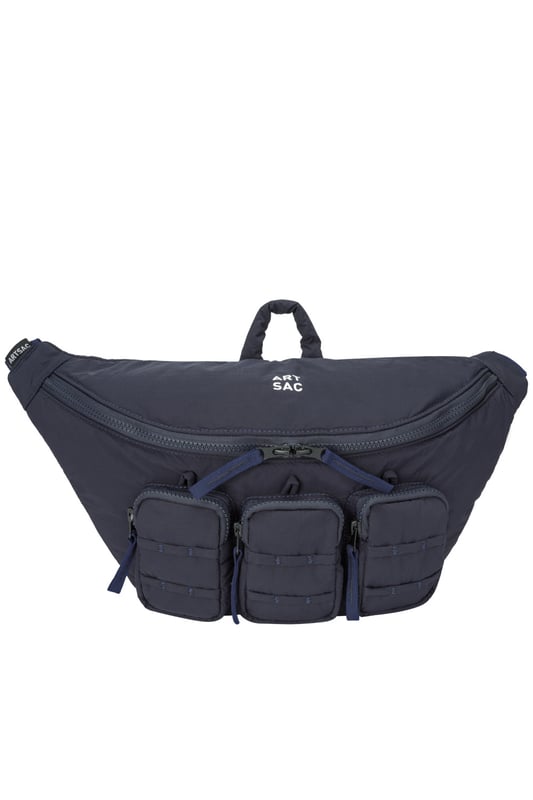 The perfect practial edition to any outfit. This unique triple-pocket design sling bag has enough internal and external space to carry all your every day essentials. Features: , Padded lightweight nylon, Water resistant, Zip top opening to main compartment, ARTSAC screen printed logo, Triple front zip pocket with loops, Internal zip pocket, External rear zip pocket, Top grab handle, 2 Mobile phone internal net pockets, Adjustable shoulder strap allowing backpack styling or bum bag styling Style Ref: 52014 NAVY