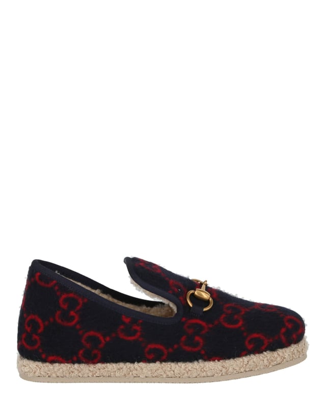 Heel measures at approximately: 0.4"; Slips on; 100% wool; Closed round toe,fur lining; Embellished with signature horsebit and knitted GG pattern;