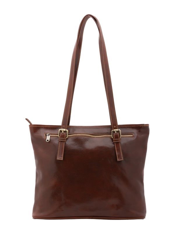 Bolso bandolera para mujer. El cierre es con cremallera. Los bolsillos internos son dos con cremallera y dos abiertos. Los bolsillos externos son uno en la espalda con cremallera. Falta la correa para el hombro. El mango es de piel. Hay dos compartimentos internos. El material exterior es auténtica piel de vacuno. Internamente está forrado en algodón. Medidas: 31x41x10 cm. Hecho en Italia