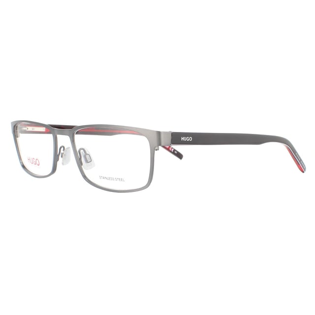 Hugo by Hugo Boss Brilmonturen HG 1075 R80 Semi Matte Donker Ruthenium voor Heren hebben een klassieke rechthoekige vorm en beschikken over het Hugo Boss-logo langs de veren. Ze zijn een lichtgewicht montuur en de verstelbare neuspads zorgen voor een comfortabele pasvorm.