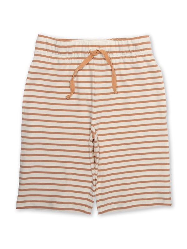 95% organic cotton 5% elastane | Proud to be certified to the Global Organic Textile Standard (GOTS) | Buff and cream yarn dyed stripe | Single jersey with a little bit of stretch (180-190 gsm) | Side pockets | Elasticated waistband with adjustable ties | Made in Turkey | Machine washable at 40 degrees, or at 30 degrees to be kinder to the planet