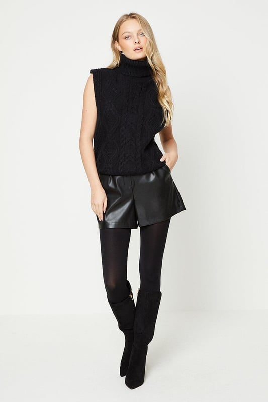 Beige Roll Neck Cable Knit Vest - Emira