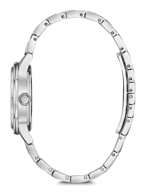 This Bulova Turnstyle Analogue Watch for Women is the perfect timepiece to wear or to gift. It's Silver 32 mm Round case combined with the comfortable Silver Stainless steel watch band will ensure you enjoy this stunning timepiece without any compromise. Operated by a high quality Quartz movement and water resistant to 3 bars, your watch will keep ticking. This elegant, fashionable watch setted with 139 beautiful Swarovski® Crystals on the bracelet is a perfect gift for New Year, birthday,valentine's day and so on High quality 19 cm length, 14 mm wide Silver Stainless steel strap with a Deployment clasp Case diameter: 32 mm, Case height: 10 mm and Case color: Silver Dial color: Mother of pearl