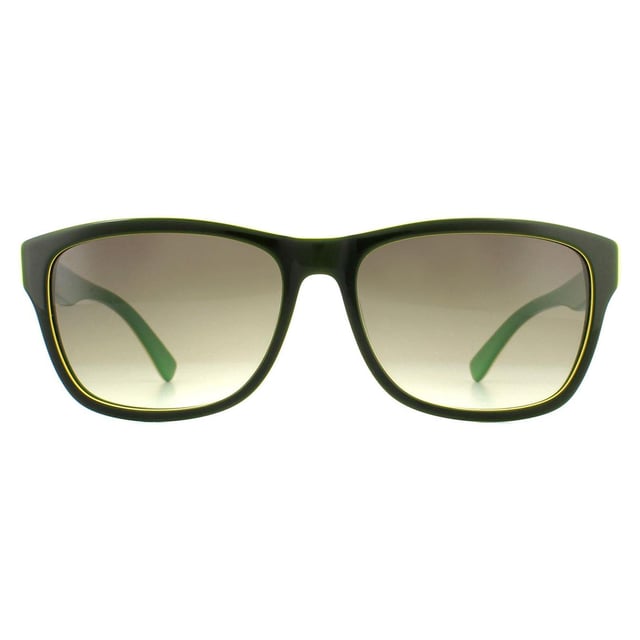 Las gafas de sol Lacoste L683S 315 Black Green Grey tienen una forma clásica rectangular casi estilo wayfarer con los colores de camuflaje de Lacoste y, por supuesto, el logotipo del cocodrilo en la patilla.