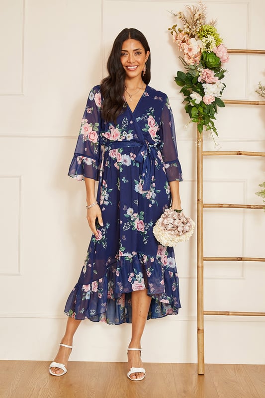 Navy Floral Wrap Dress With Dipped Hem