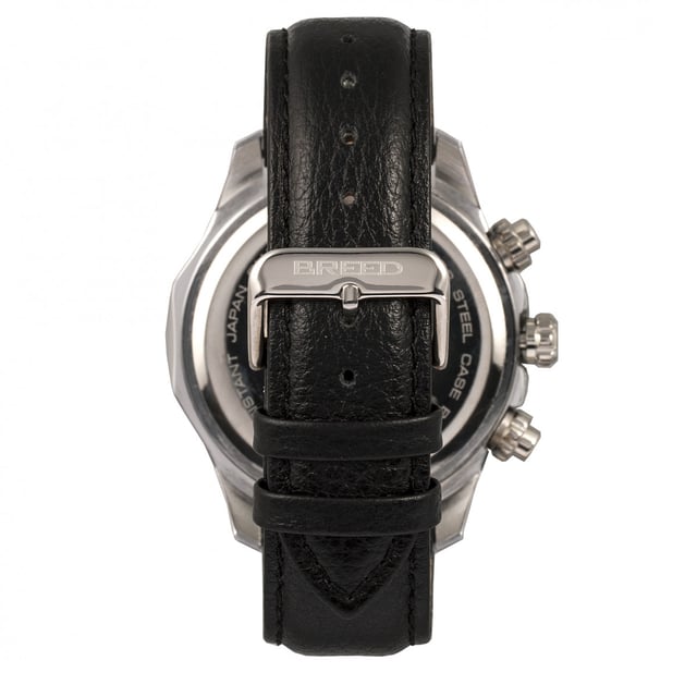 Brushed Alloy Case; Precision Japanese Quartz Movement; Full-Function Chronograph; Non-Glare Scratch Resistant Mineral Crystal; Logo-Engraved Stainless Steel Caseback; Genuine Leather Crocodile-Embossed Strap; Logo-Engraved Stainless Steel Clasp; Luminous Hands; Luminous Markers; 24-Hour Sub-Dial; 47mm Case Diameter; 5 ATM Water Resistance;