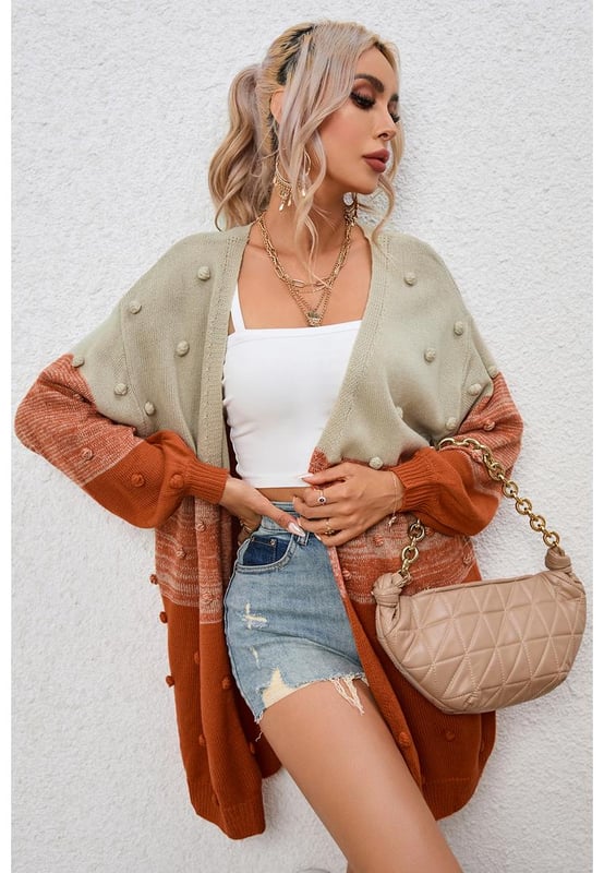 Cute and romantic brown pompom color block cardigan
  Open front design for easy layering
  Unique color block silhouette
  Warm and stylish knit cardigan
  Perfect for women who appreciate luxury fashion
Material: 100% Acrylic