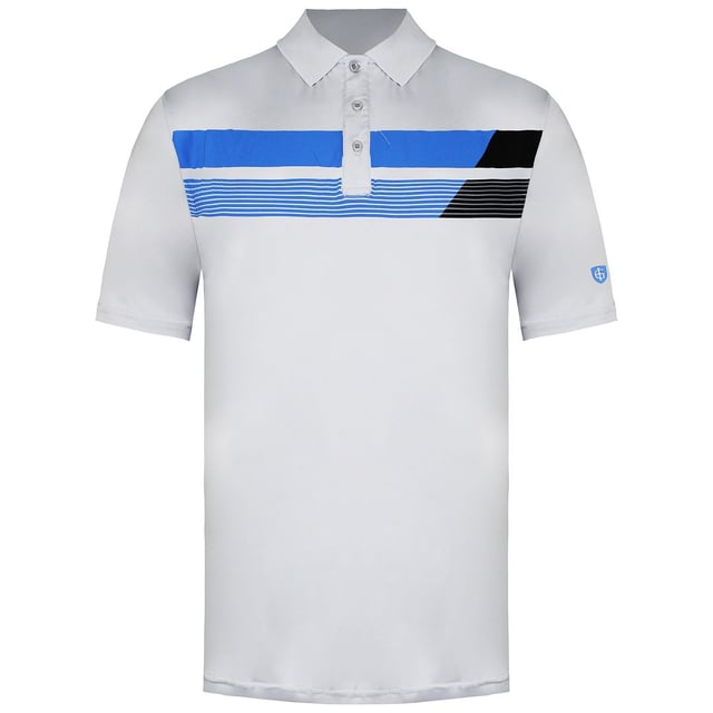 The Island Green Asymmetrical Print Men's Grey Marl Golf Polo Shirt is a stylish and functional piece of golf apparel designed to provide golfers with comfort, performance, and a touch of contemporary flair on the course. Let's take a closer look at the key features of this golf polo shirt:

Key Features:

 Asymmetrical Print Design:  The standout feature of this golf polo shirt is its asymmetrical print pattern, adding a modern and unique touch to the traditional polo shirt style. The print is likely strategically placed to create a stylish and eye-catching look.

 Premium Fabric:  Crafted from high-quality fabric, the shirt ensures softness, breathability, and comfort during long hours of play. The fabric might be a blend of materials like polyester, ensuring moisture-wicking properties to keep the golfer dry and cool.

 Grey Marl Color:  The grey marl color provides a sophisticated and versatile look, complementing various golf attire combinations while still standing out on the course.

 Collared Design:  Like all golf polo shirts, this shirt features a classic collared design, which adds a touch of formality while adhering to golf course dress codes.

 Breathable Construction:  To enhance airflow and ventilation, the shirt may incorporate mesh panels or strategic perforations, keeping the golfer comfortable even in warm weather.

 Stretch and Flexibility:  The fabric's stretch properties offer unrestricted movement, enabling golfers to perform their swings and movements without any hindrance.

 Sun Protection:  The shirt might have UPF protection to shield the skin from harmful UV rays during prolonged exposure to the sun on the golf course.