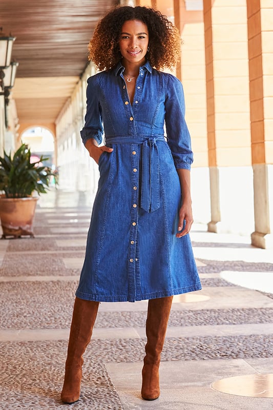Mid Blue Popper Front Belted Denim Midi Dress Mid Blue Popper Front Belted Denim Midi Dress