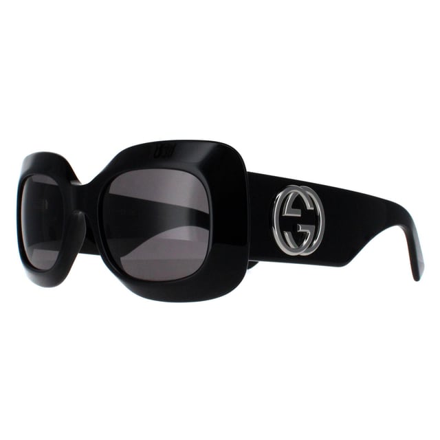 Gucci Square Womens Black with Silver Grey GG1695S  Sunglasses are perfect for those who crave a statement piece that reflects luxury and confidence. They feature a bold, square frame design that merges contemporary sophistication with a touch of retro flair. The temples are adorned with Gucciâ€™s signature double G logo, highlighting the brandâ€™s dedication to detail and heritage. Crafted with top quality materials, the lenses offer full UV protection, ensuring that wearers stay stylish and protected in the sun.