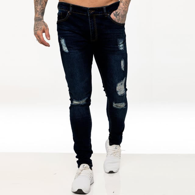 Enzo Mens Super Skinny Stretch Tiradores Rotos Vaqueros con cierre Zip Fly. 2 bolsillos frontales, 2 traseros y bolsillo de 1 moneda, botones y remaches de marca.