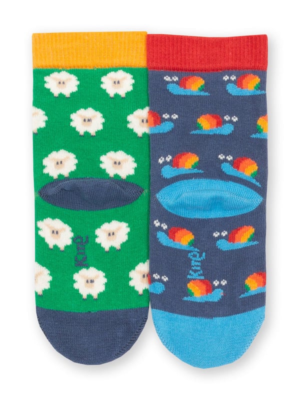 90% organic cotton 8% polyamide 2% elastane |  Proud to be certified by Control Union to the Global Organic Textile Standard (GOTS) |  Peacock green with cream sheep and navy blue with rainbow snail designs |  Two pack |  Made in Turkey |  Machine washable at 40 degrees, or at 30 degrees to be kinder to the planet