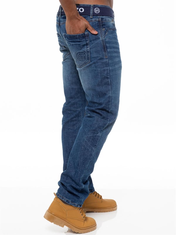 Enzo Mens Designer Straight Leg Stretch jeans. 5 pockets, Button Fly. Free Branded Belt Included. Branded Rivets and Buttons. Embossed Logo Branding on the Front, Back pocket.
