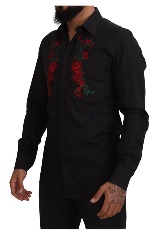 Black floral embroidery mens long sleeves gold shirt
  100% authentic and brand new with tags
  Classic neck
  Long sleeves
  Button-down closure
  Regular fit
  Made of 100% cotton
  Black color with floral embroidery
  Front button closure
  Logo details
  Made in Italy
Material: 100% Cotton