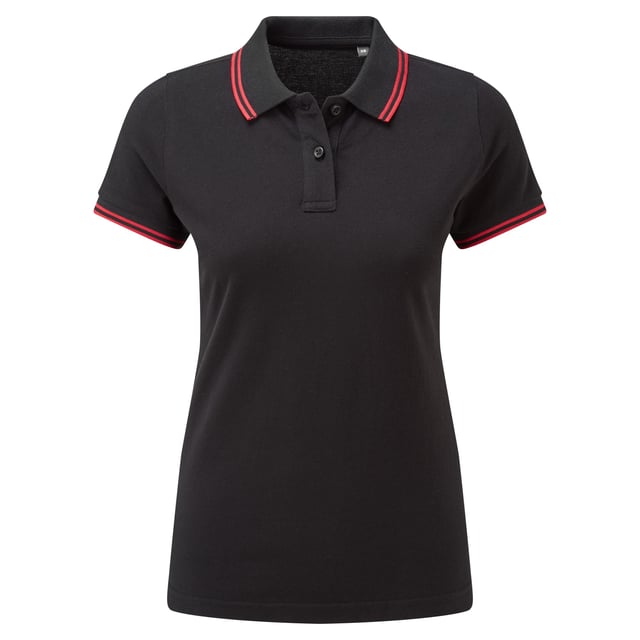 Fitted polo for women with tipped contrast detail to the collar and cuffs. Features two contrast coloured buttons on placket and a contrast colour on side vents. Also includes twin-needle stitching on hem and a ribbed knit collar and sleeve cuffs. Sizes: XS (8 UK), S (10 UK), M (12 UK), L (14 UK), XL (16 UK), XXL (18 UK). Materials: 100% ringspun combed cotton, Other materials: (Charcoal) 60% cotton, 40% polyester, (Heather Grey) 85% cotton, 15% viscose.