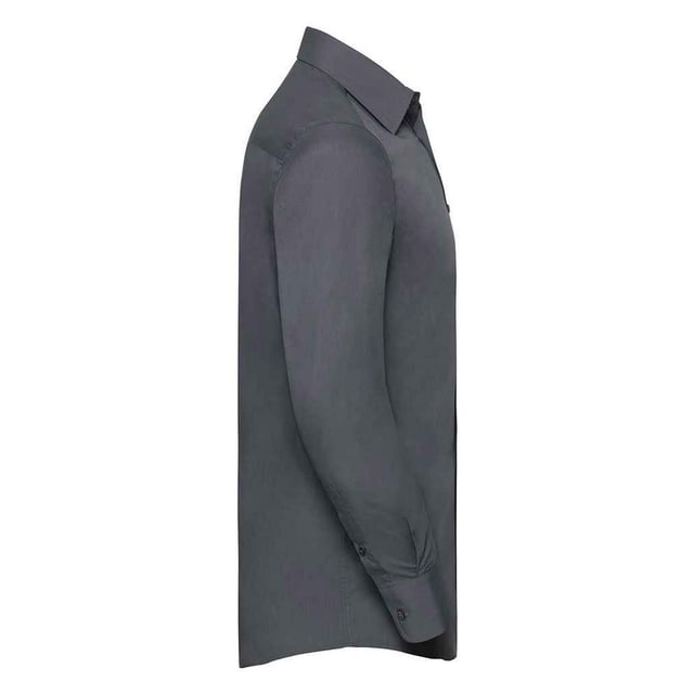 65% Polyester, 35% Cotton. Fabric: Poplin. Design: Plain. Cuff: Adjustable, Double Button. Hem: Curved. Sleeve-Type: Long-Sleeved. Neckline: Semi-Cutaway Boned Collar. Fabric Technology: Lightweight. Back Yoke, Double Folded Seams. Fit: Tailored. 105gsm. Sustainability: Amfori, Better Cotton Initiative, BSCI, Fair Labor Association, Oeko-Tex Standard 100 Certified. Suitable for: Cufflinks, Embroidery.