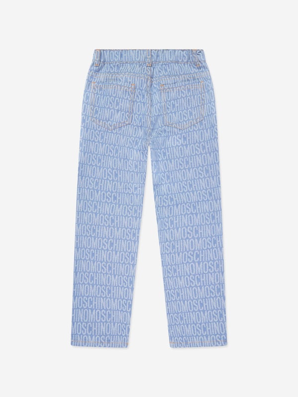 Moschino exaggerate unparalleled elegance and construction in their exquisite designs. These boys trousers amplify the Italian label's love of high quality and eccentric abstracts. Crafted in all-over jacquard logo embroidery with pockets, belt loops and an elegant fastening. He will look a million pounds. Fastening On the Front With Covered Zip and Button 53% Cotton, 47% Polyester