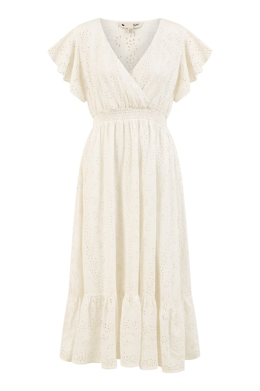White Cotton Broderie Anglaise Wrap Midi Dress
