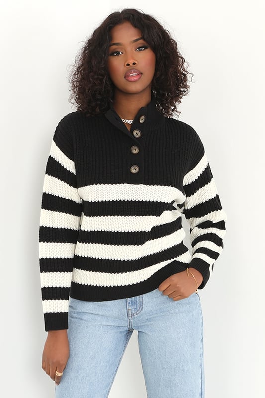 Black 'Smithy' Striped Button Detail Knitted Jumper