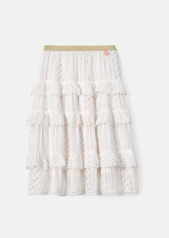Add a delicate piece to their occasion wardrobe with our all over mesh lace midi skirt. Cut from vintage white mesh lace featuring a metallic waistband which falls into a tiered midi silhouette. Wear with our matching shell top for the prettiest outfit.. About Me: Shell- 100% Nylon. Lining- 100% Polyester. Look After Me: Think Planet. Wash At 30C.