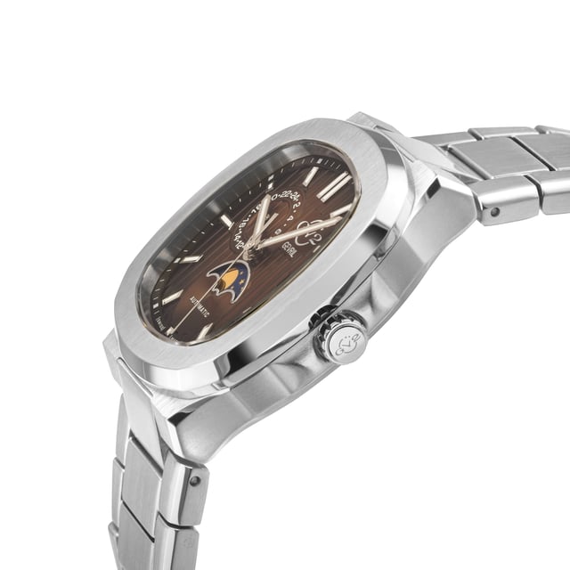 Reloj automático suizo para hombre GV2 18407B de la colección Potente. Caja de acero inoxidable 316L de 40 mm, esfera roja acolchada con estampado. Corona de empujar y tirar, fecha y fase lunar a las 6 en punto, indicador día/noche a las 10 en punto. Manecillas y marcadores de hora luminosos. Pulsera de acero inoxidable 316L con hebilla desplegable. Cristal de zafiro antirreflectante. Resistente al agua hasta 50 metros/5ATM. Automático suizo fabricado en Suiza, fecha y fase lunar, Sellita SW285-1A.