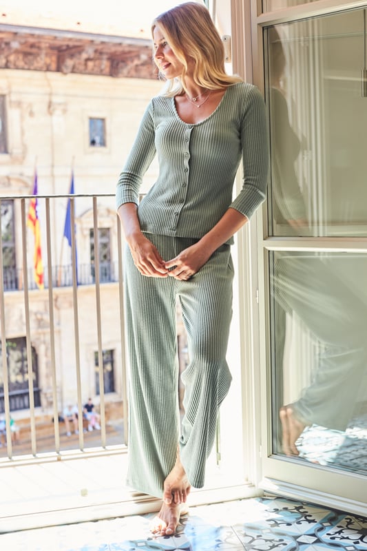 REASONS TO BUY: 

Comfy mode: on
On-trend sage green shade
Cosy ribbed knit
Elasticated waist + wide legs = serious comfort
You'll need the matching top too
Just add slippers.