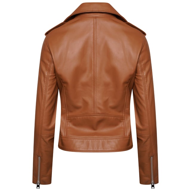 Introducing the Barneys Originals Tan Leather Biker Jacket – featuring an asymmetric design and a fixed belt, ensuring you never have to worry about losing it. Accentuated with silver trims, this jacket perfectly blends style and practicality.