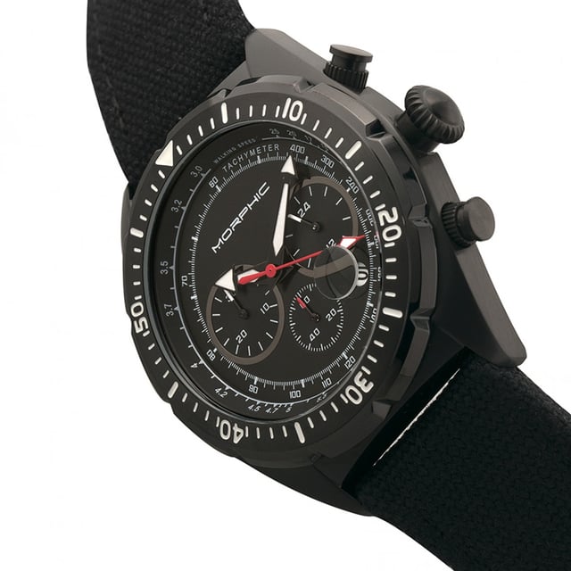 316L Surgical-Quality Stainless Steel Case; Precision Japanese Quartz Movement; Full-Function Chronograph; Built-In Tachymeter; Non-Glare Scratch-Resistant Mineral Crystal; Logo-Engraved Stainless Steel Caseback; Uni-Directional Bezel; Fiber-Weaved Genuine Leather Strap; Logo-Engraved Stainless Steel Clasp; Luminous Hands; Magnified Date Display; 24-Hour Sub-Dial; 45mm Diameter; 5 ATM Water Resistance;