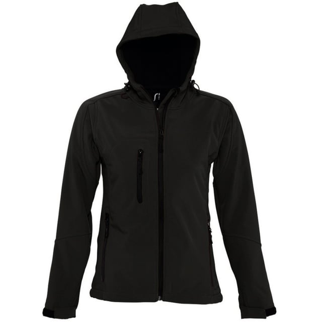 Breathable, windproof and water resistant. Shaped fit. Taped neckline. Hood with adjustable drawcord. Collar high full zip with inner storm flap and chin guard. Two front zip pockets and one right chest zip pocket. Tear release adjustable cuffs. Adjustable drawcord at hem. Drop tail. Access for decoration. Material: Stretch soft shell fabric has a 94% polyester/6% elastane outer, membrane and polyester fleece backing. Ladies size: S(8/10), M(12), L(14), XL(16), XXL(18).