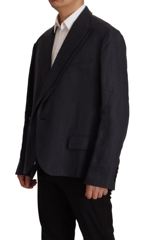 Model: Blazer jacket sport coat
  Style: Double breasted one button
  Fitting: Slim
  Colour: Dark blue
  Three outside pockets and two inside pockets
  One open vent in the back
  Logo details
  Made in Italy
  Material: 100% Linen
  Lining: 100% Silk
Material: 100% Linen