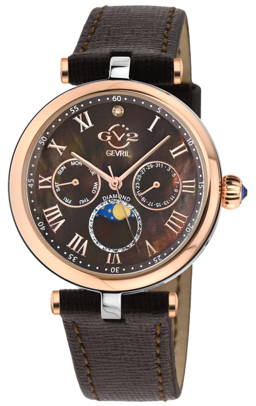 GV2 12511.L Women's Florence Diamond Swiss Quartz Watch

GV2 Women's Swiss Quartz Watch from the Florence Collection
36mm Round IPRG Case with Roman Numerals, Diamond at Twelve O'clock
Burgundy MOP Dial, Day and Date Sub Dials
Push Pull Fluted crown with Blue cabochon Stone
Genuine Italian Brown Leather Strap with Tang Buckle 

Anti-reflective Sapphire Crystal
Water Resistant to 50 Meters/5ATM
Moon Phase Swiss Quartz Movement Ronda 706.1