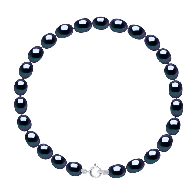 Bracelet made with Cultured Freshwater Pearls rice grain 4-5 mm - Black Color -Tahitian Style spring-loaded clasp White Gold 750 Length 18 cm , 7 in - Our jewellery is made in France and will be delivered in a gift box accompanied by a Certificate of Authenticity and International Warranty
