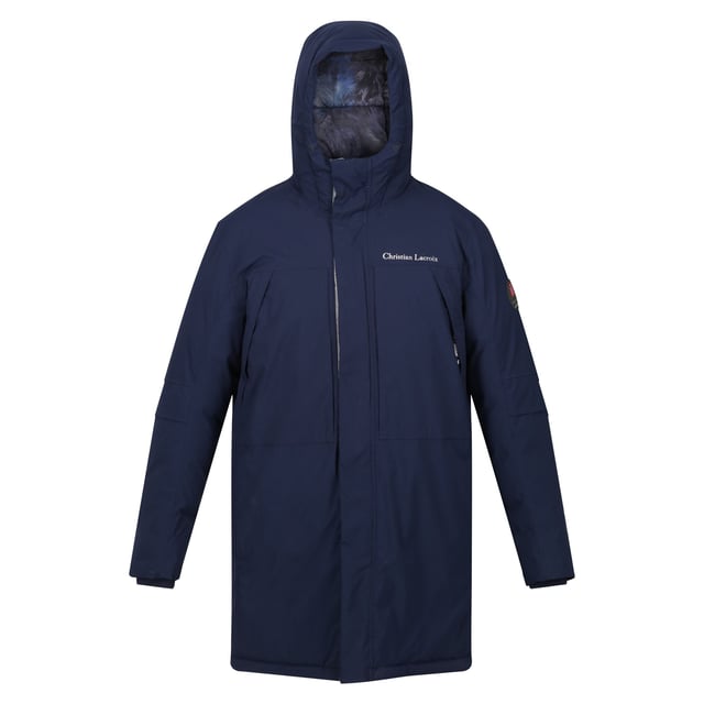Material: 100% polyester. Foder: Bafflat, kontrasterat, fjäderfritt. Tyg: Stretch. Design: Broderad, ärmlappar, text. Tygteknik: Andningsbart, Slitstarkt, Isolerande, Isotex 10000, Vattenavvisande, Vattentätt. Justerbar axelrem, fjäderfri dunfyllning, vadderad, passpoaldetaljer. Manschett: Passform, invändigt ribbad. Halsringning: Huva. Ärmtyp: Långärmad. Funktioner på huva: Dold, växt på huvan. Längd: Lång. Fickor: Nätficka, 2 nedre fickor, 2 bröstfickor. Stängning: Hel dragkedja, knäppning. 10000g/m¬?/24 timmar. Värme klassning: 10000. Hållbarhet: Miljövänlig, tillverkad av återvunna material.