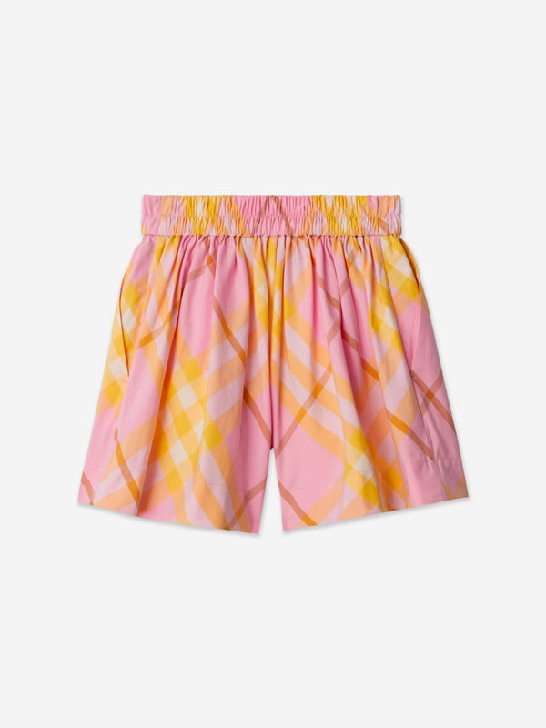 Burberry's exquisite construction and innovative outlook are embodied in these girls Marcy carnation pink check shorts. Crafted in a striking rose and light yellow cotton. The sophisticated jersey texture showcases the recognisable check pattern and elasticated waistband.  Two Side Slit Pockets Thigh-Length 100% Cotton