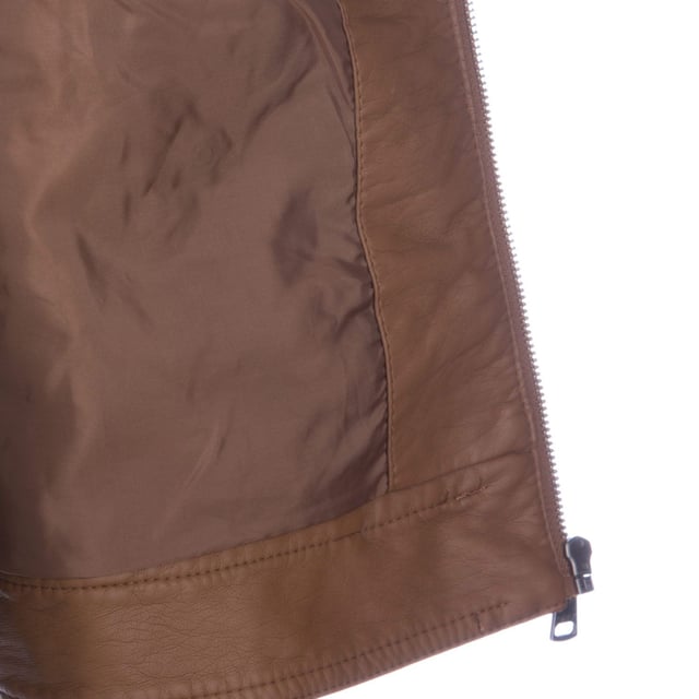 Womens Only Bandit Faux Leather Biker Jacket in cognac.- Leather-look.- Tight fit.- Two vertical pockets to the bottom front with press stud closures.- Two horizontal zip pockets to the chest. - Full zip up front with press stud closure to the collar.- Measurement from shoulder to hem: 21.5 inches approximately.- 50% Polyurethane  50% Viscose. Lining: 100% Polyester. - Ref 15081400- Measurements are intended for guidance only.