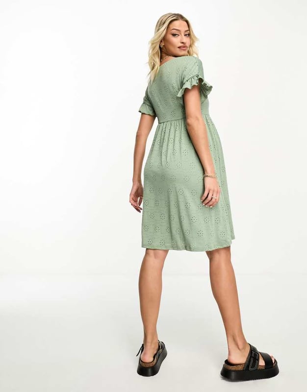 Mamalicious Maternity broderie mini dress with frill sleeve in sage-Green