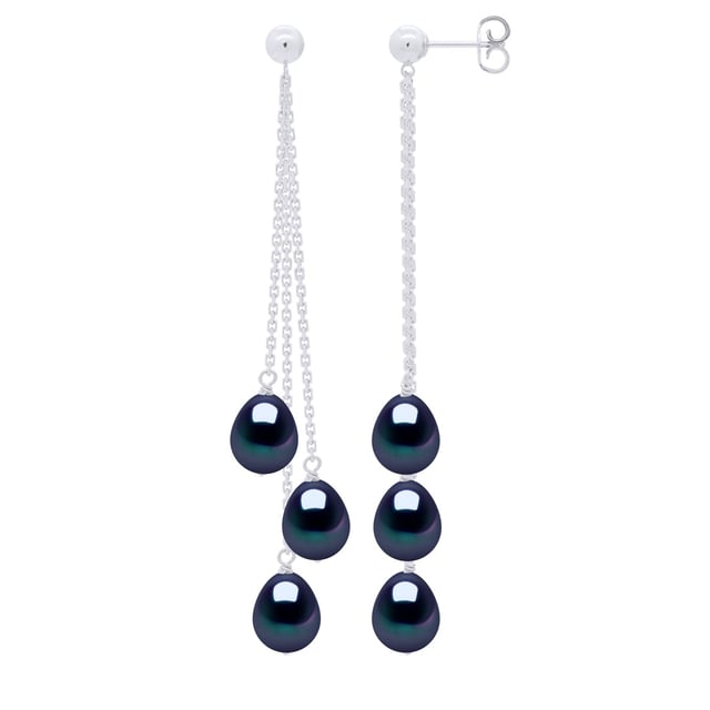 Earrings Trio - 3 Real Cultured Freshwater Pearls Pear 7-8 mm - COLOR BLACK "TAHITI STYLE" - Butterfly Clasp and Chainlets White Gold - Delivered with Certificate of Authenticity and International Guarantee - MADE IN FRANCE