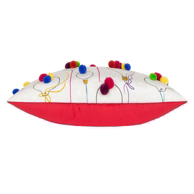 The ‘FESTIVE-VALBAUBLES’ cushion is the perfect addition for all those who love colour. Featuring a printed design on soft velvet fabric of hanging baubles, this design is complete with eclectic technicoloured pom-poms and fuchsia pink velvet reverse. The perfect injection of colour in any home this Christmas! Size: 30 x 50cm