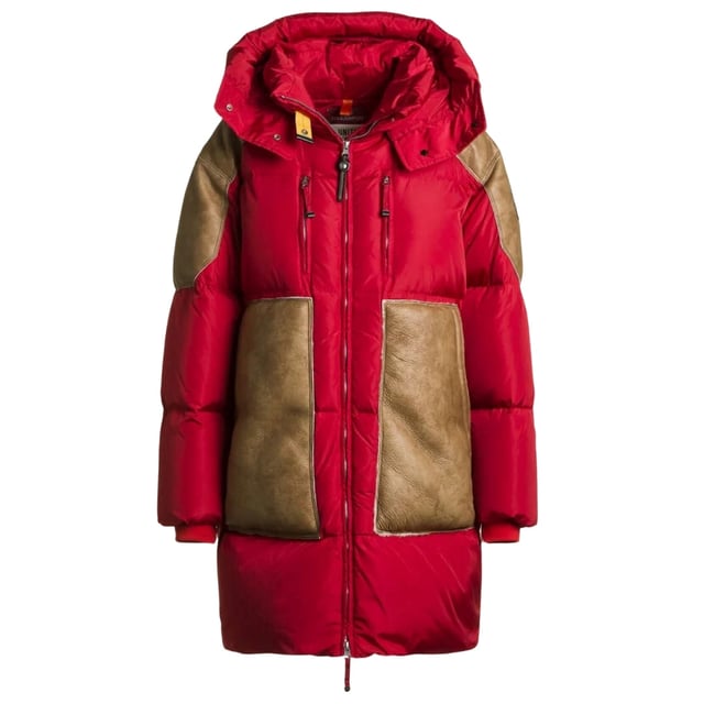 Chaqueta roja Parajumpers, dos bolsillos delanteros con cremallera, parche PJS en la manga izquierda, chaqueta 100% poliester, con parches de cuero, abrigo rojo, largo, abrigo rojo