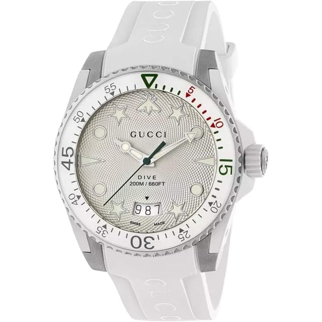 Manufacturer Product Number: YA136337Category: WatchesBrand: GUCCIWatch Markers: DotsWater Resistant: 200 MetresRecipient: UnisexMovement: QuartzCase Material: Stainless SteelDial Colour: GreyStrap Material: SiliconeDiameter: 40mmBrand Collections: Gucci Dive