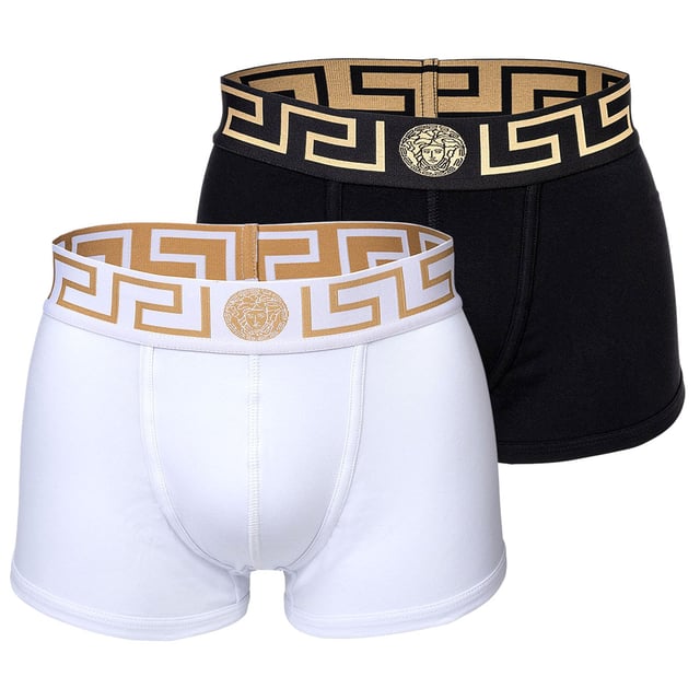 Zwei elegante Herren Boxer Shorts der Marke VERSACE. Hochwertige Unterhosen mit Greca-Muster und Medusa-Motiv am elastischen Bund. Sehr hohe Qualität.